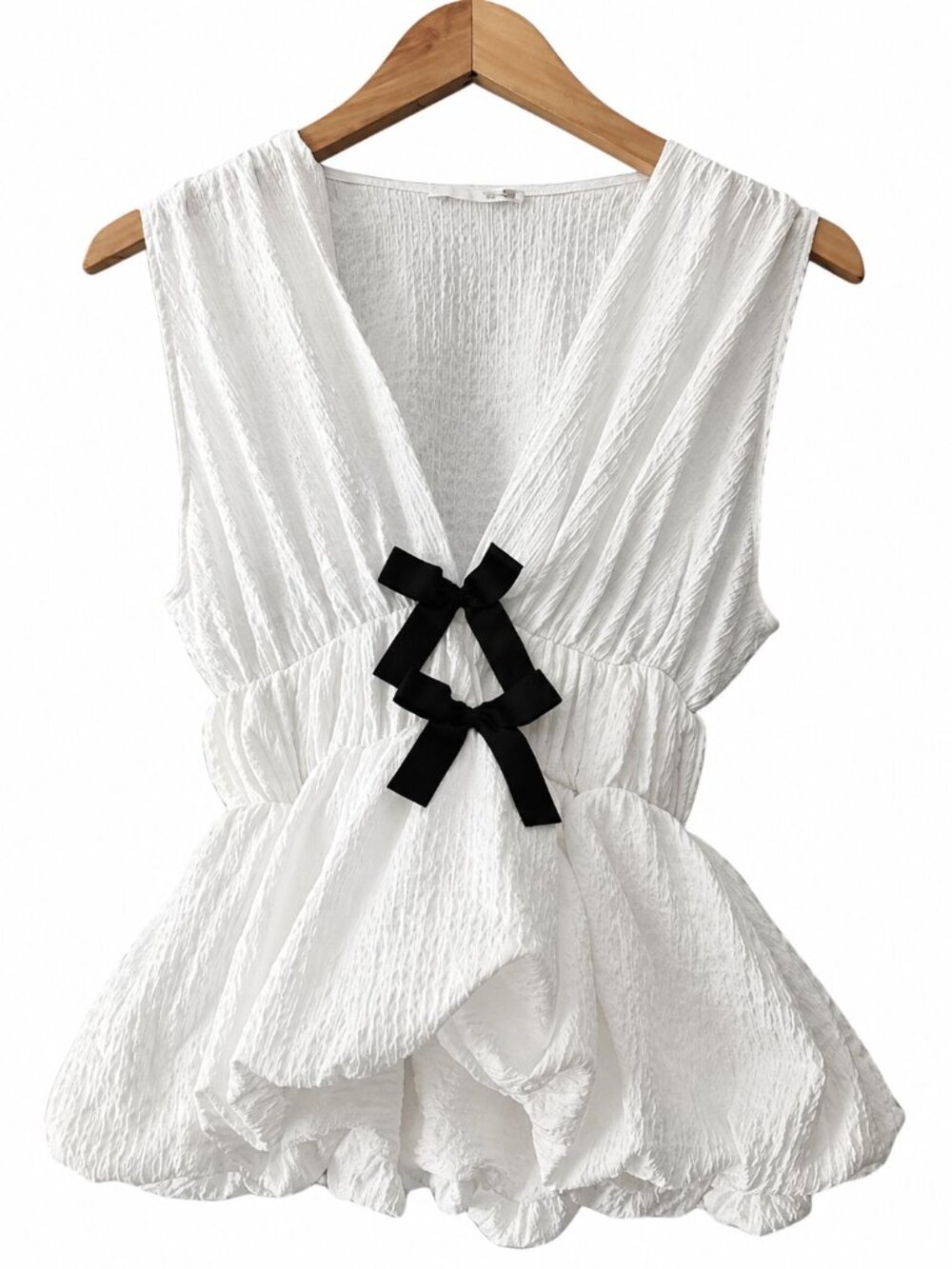 Zara White Textured Deep V Peplum Top Black Bow Coquette Romantic M